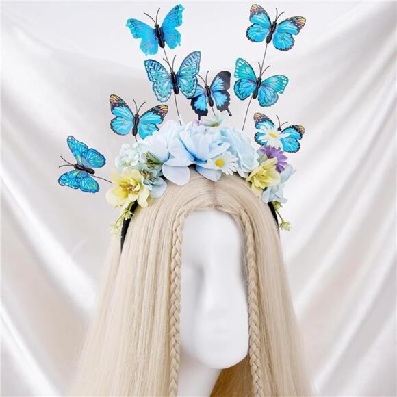 Blue Butterfly Flower Headband | Monarch Fascinator, Floral Crown for Women - Picture 5 of 5